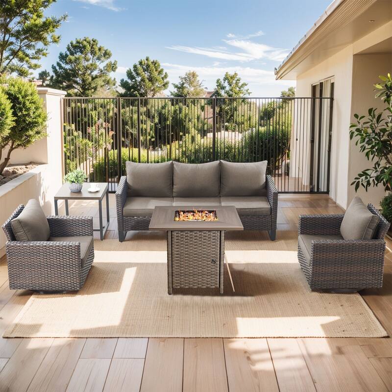 Outdoor Pocassy Sofa Chairs Set with Fire Table - Brown Wicker Grey Cushion - 5 Piece
