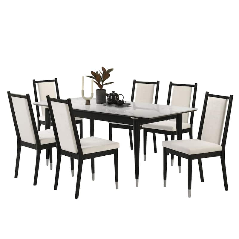 Furniture of America Kalor Modern 7-Piece Black and White Sintered Stone Top Rectangle Dining Table Set