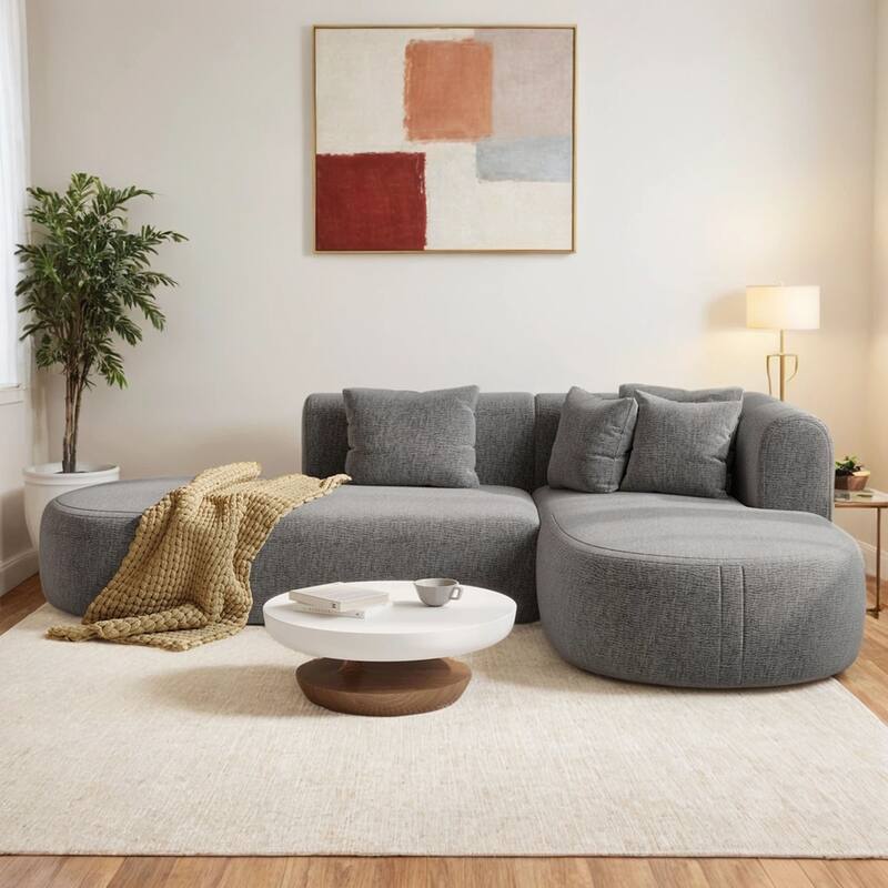 Curved Sectional Sofa with L-Shaped Chaise Lounge, Chenille Upholstered Cloud Sofa, 4 Seater Floor Sofa with 4 Pillows - Grey