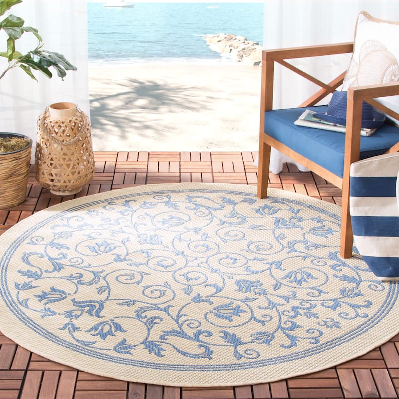 SAFAVIEH Courtyard Clarine Indoor/ Outdoor Waterproof Patio Backyard Rug - 5'3" Round - Natural/Blue