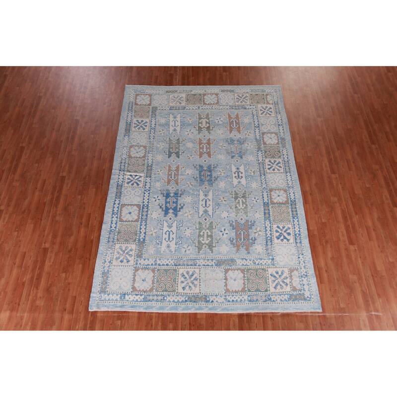 Hand Knotted Oriental 100% Wool Carpet Transitional Geometric Navy Blue & Blues Oushak Area Rug - 11' 2'' X 7' 11''