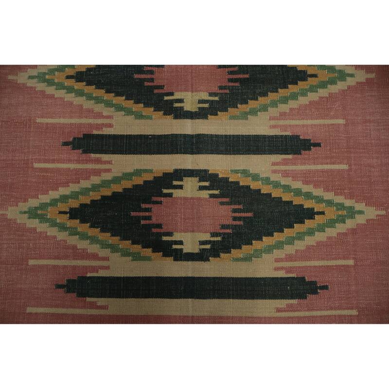Hand Woven Oriental 100% Wool Carpet Southwestern Geometric Pink Kilim Area Rug - 8' 4'' X 5' 4''