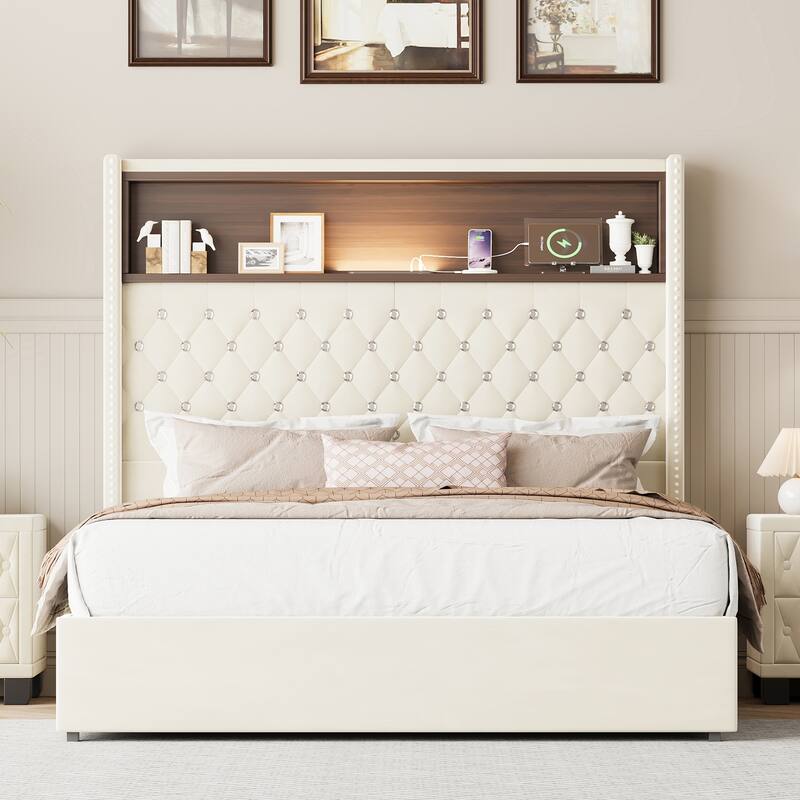 Roomfitters Velvet Tufted Platform Bed with Charging Ports, Tall Wingback Headboard with Rivet Trim and Shelf - Beige - Full