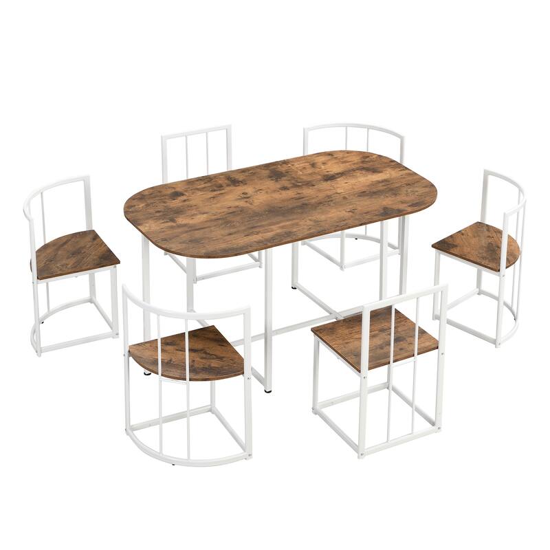 7-Piece Dining Table Set with Faux Marble and Wood Desktop Table and 6 Chairs with Iron Frame
