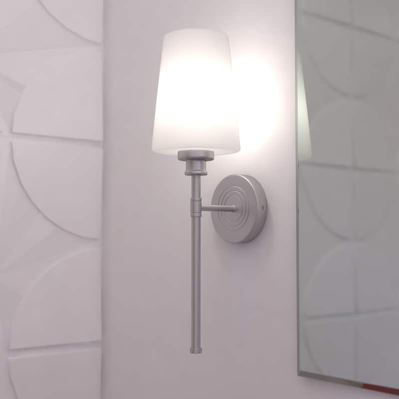 Bathroom Wall Sconce 1 Light Nickel Finish White Glass Shade Style - 19