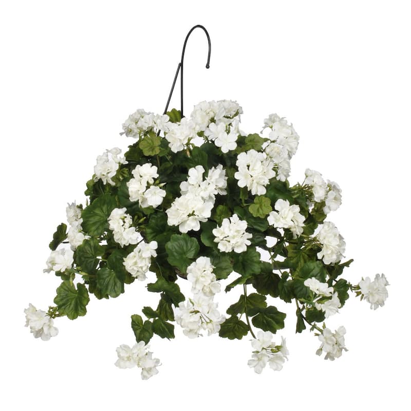 Faux White Geranium Hanging Basket - White Water Hyacinth