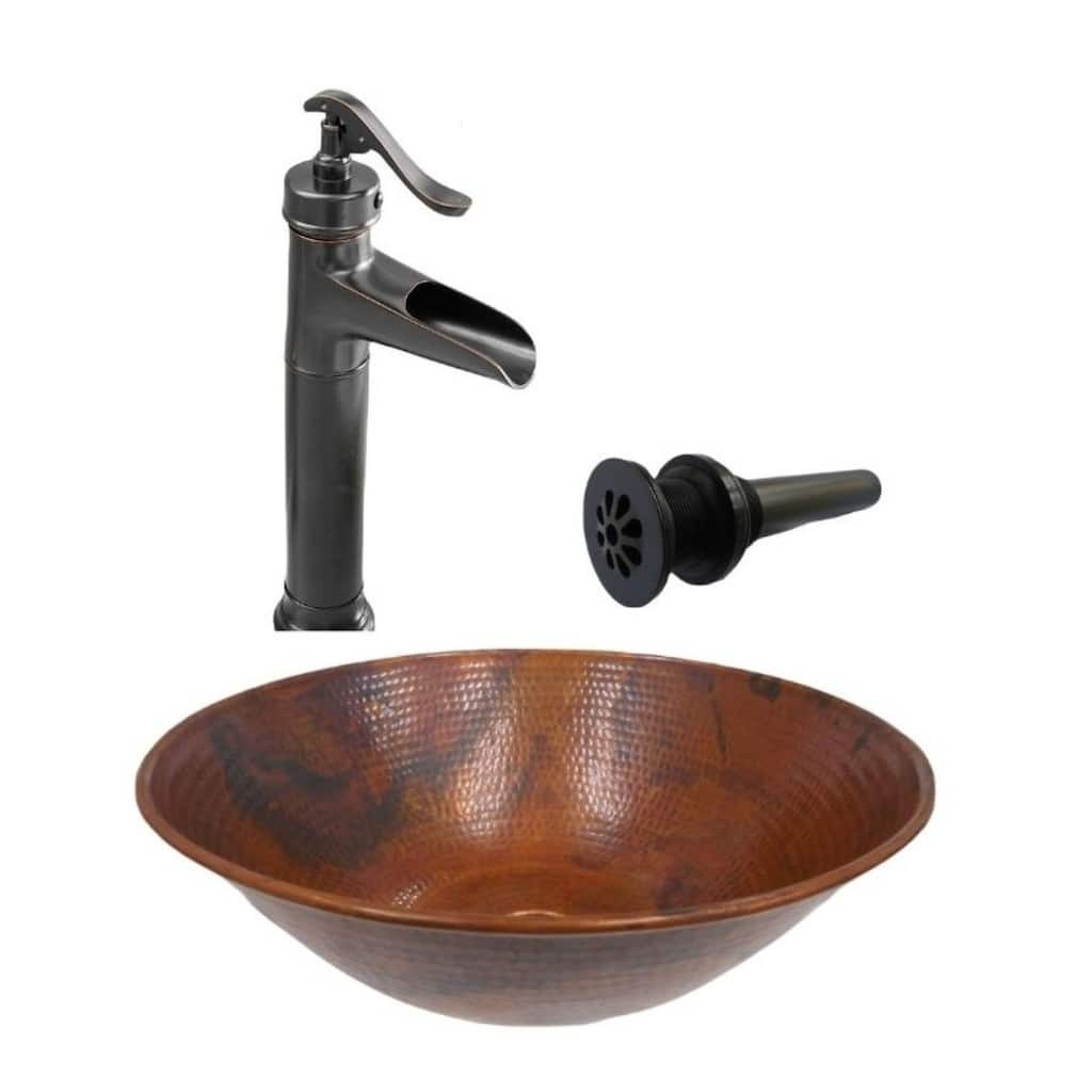 14" Round Natural Copper Vessel Sink, Pump Faucet & Daisy Drain Included - 14" x 14" x 5.5"