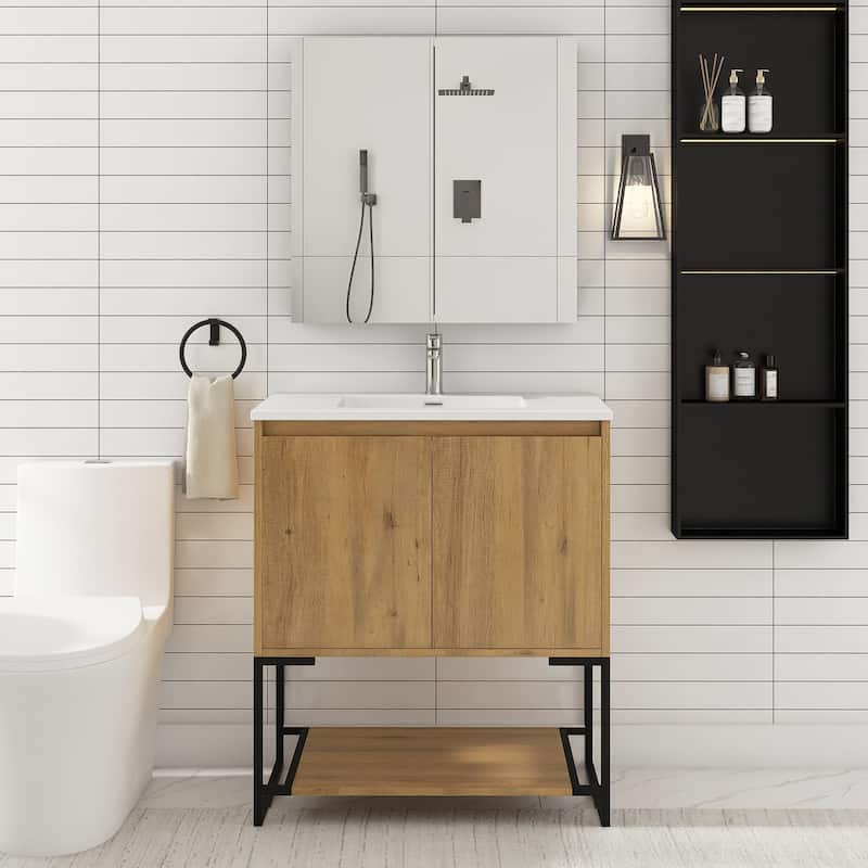 Freestanding Bathroom Vanity Set in Oak with Integrated Solid Surface Sink