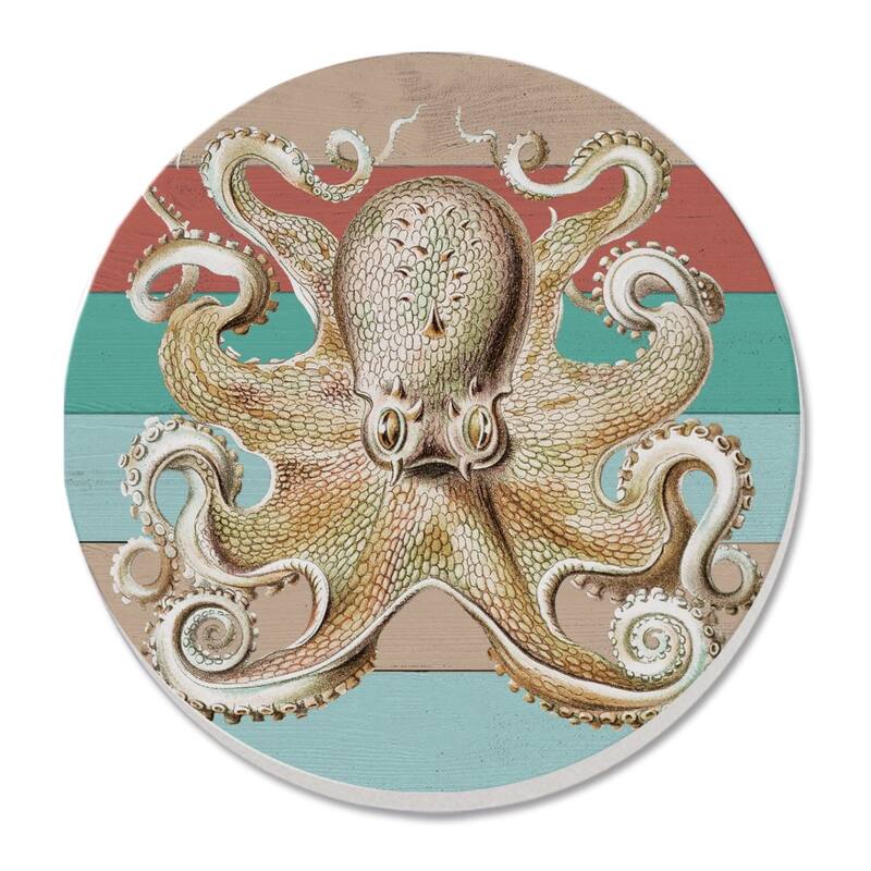 Octopus 4 Pack Absorbent Stone Coaster with Protective Cork Backing Made in The USA 4" Round, Easily Wipes Clean - Multi