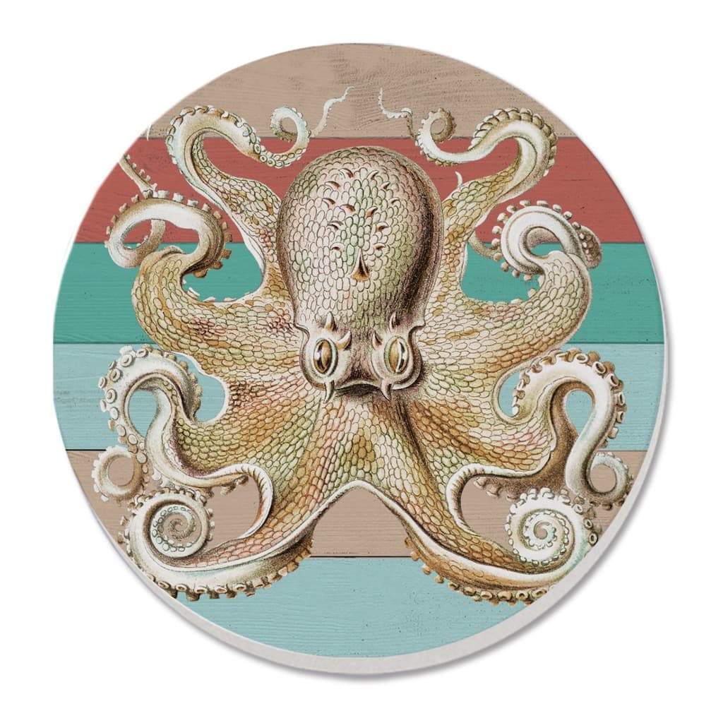 Octopus 4 Pack Absorbent Stone Coaster with Protective Cork Backing Made in The USA 4" Round, Easily Wipes Clean