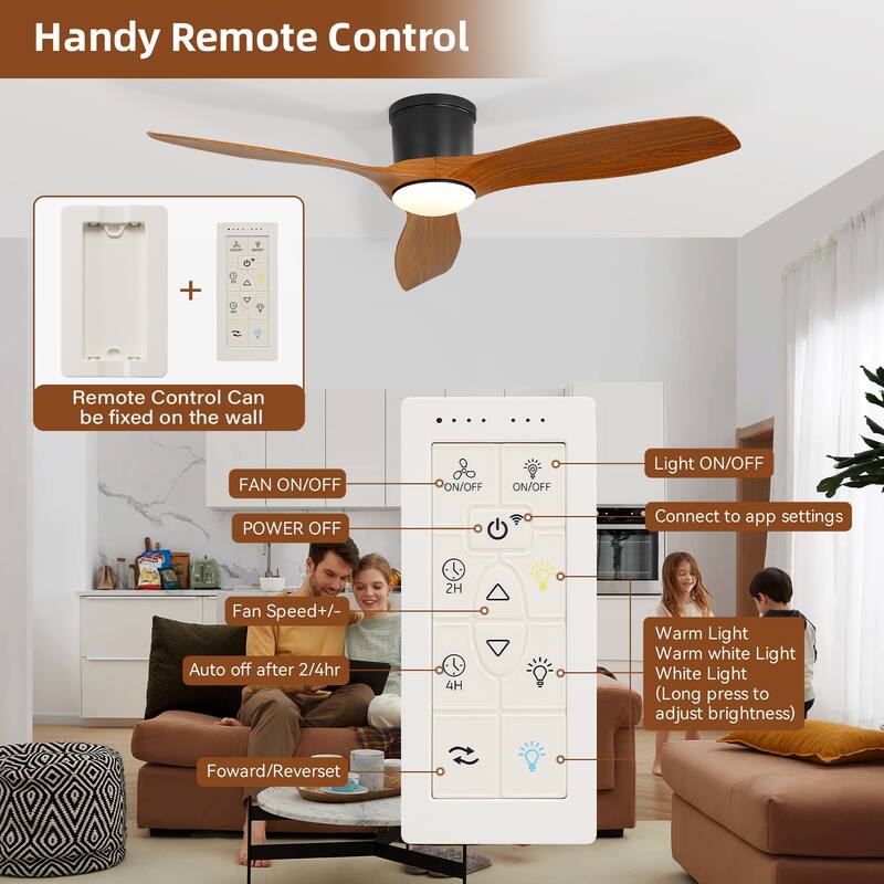 Sofucor 52 Inch Low Profile Flush Mount Ceiling Fan With Light and Remote,3-ABS Blades Smart Optional,Reversible DC Motor