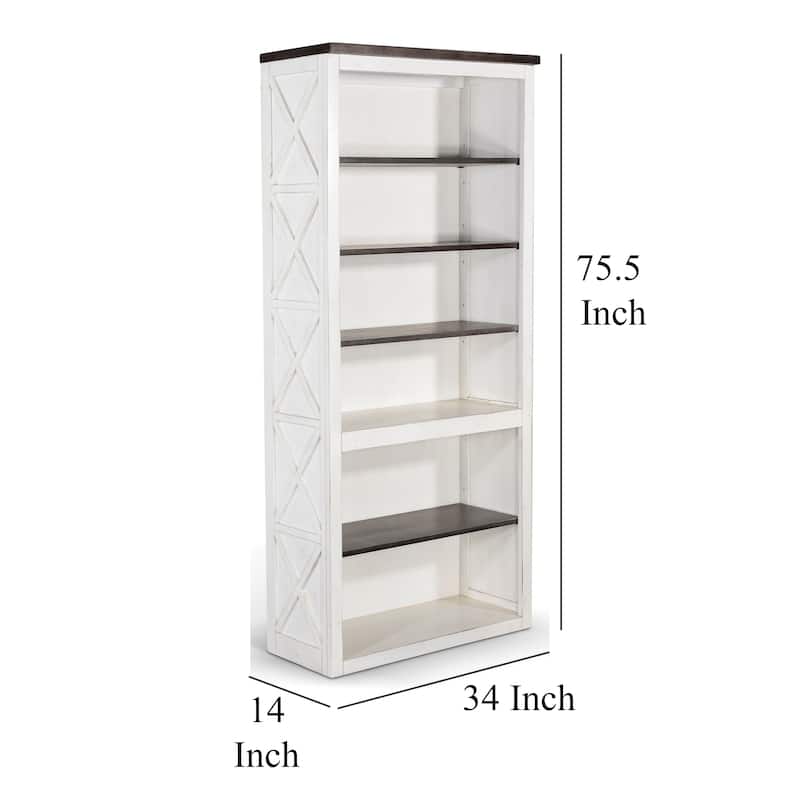 Zena Bookcase, X Cross Panels, 5 Shelves, 76 Inch White, Brown Veneer