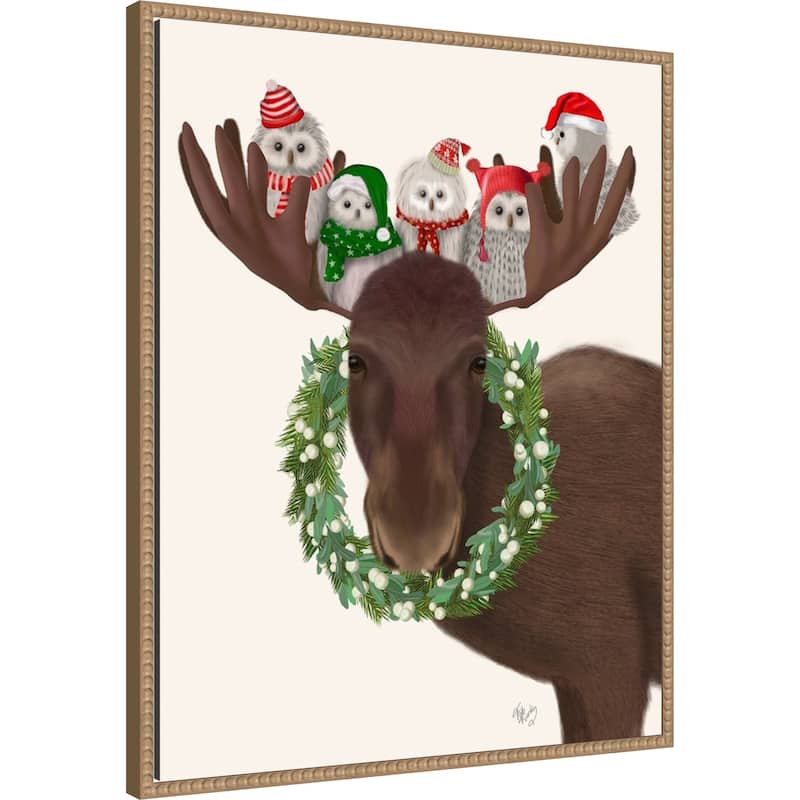 Christmas Moose and Christmas Owls by Fab Funky (23 x 28 in.), Framed Canvas Wall Art Print - Sylvie Beaded Rustic Natural
