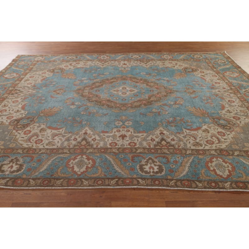 Distressed Over-Dyed Tabriz Persian Rug Antique Blue Wool Carpet - 9'5"x 11'10"