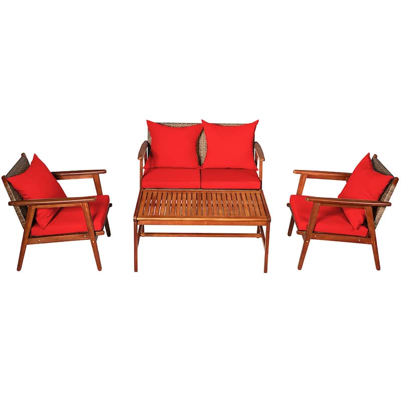Costway 4PCS Patio Rattan Furniture Set Acacia Wood Frame Cushioned - See details