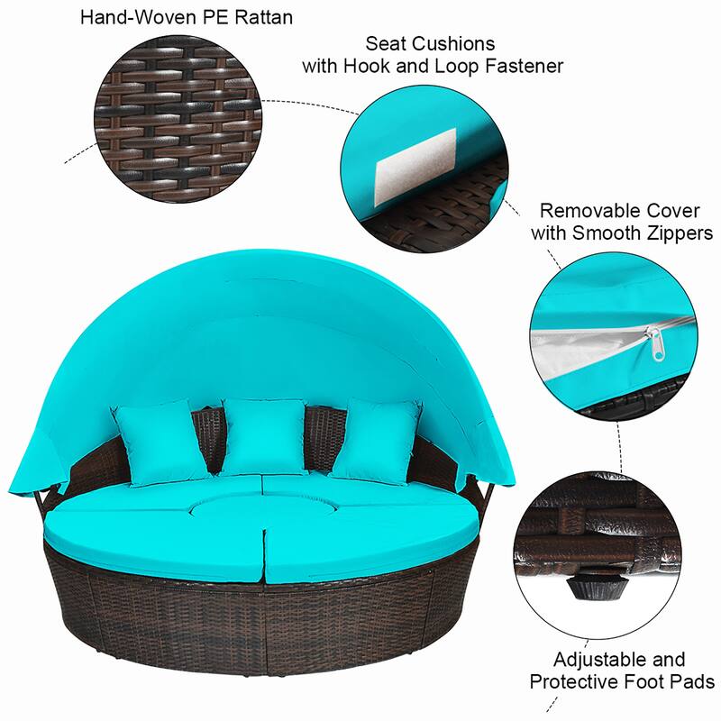 Patio Rattan Daybed Cushioned Sofa Adjustable Table Top Canopy