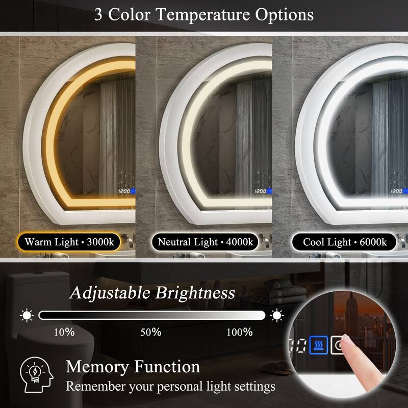 Arched Black Framed LED light Anti-fog 3 Colors Dimmable Wall Mirror - 27.6x23.6