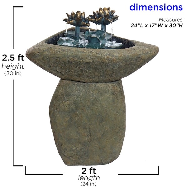 Alpine Corporation 30" Tall Outdoor Pedestal Lotus Rock Waterfall Fountain with LED Lights