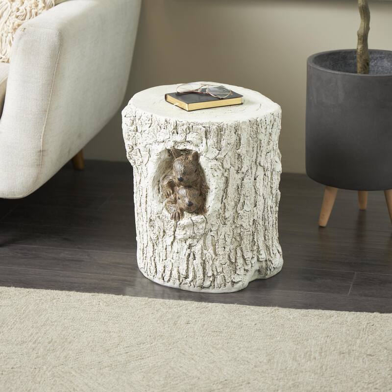 White Magnesium Oxide Tree Trunk Squirrel Garden Stool with Brown Accents
