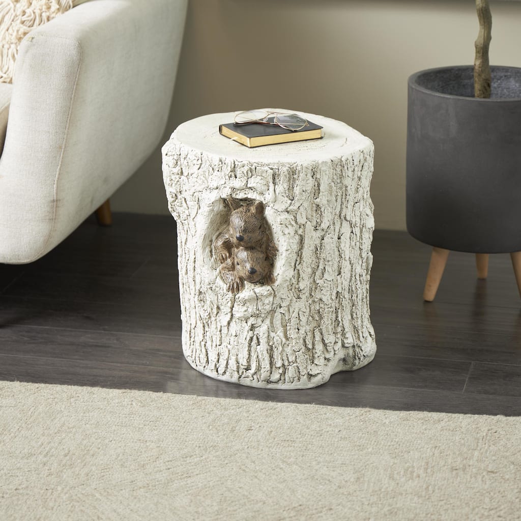 White Magnesium Oxide Tree Trunk Squirrel Garden Stool with Brown Accents
