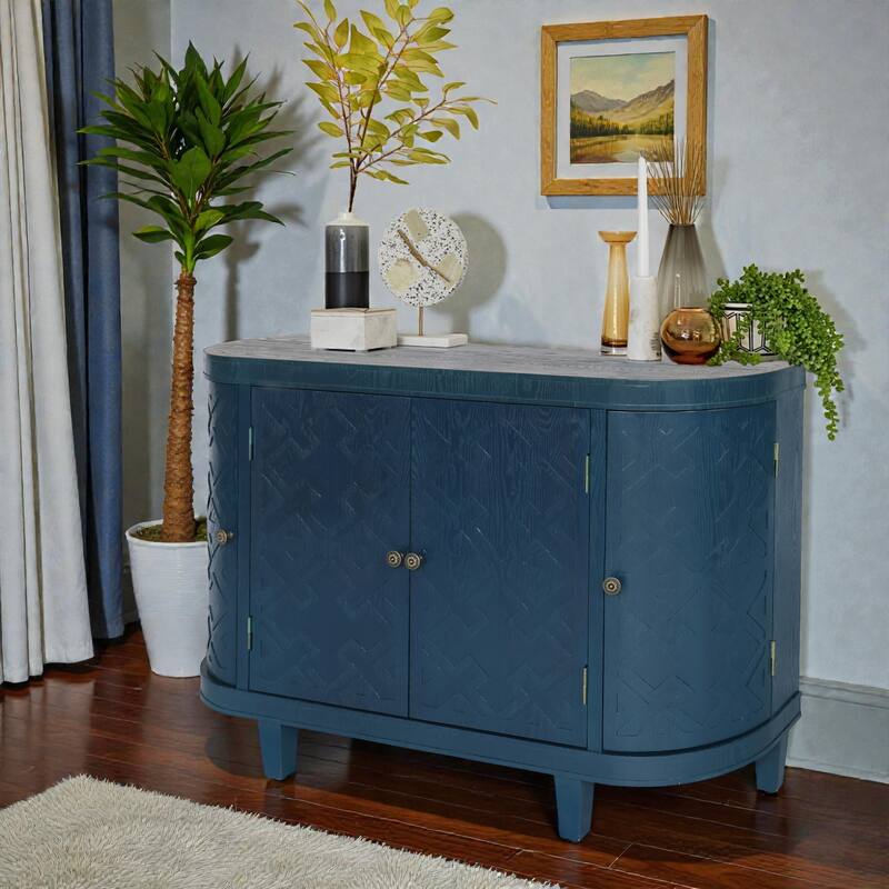 47'' Oval Fluted Accent Storage Cabinet with 4 Doors, Sliding Door Sideboard Buffet Credenza for Living Room and Kitchen