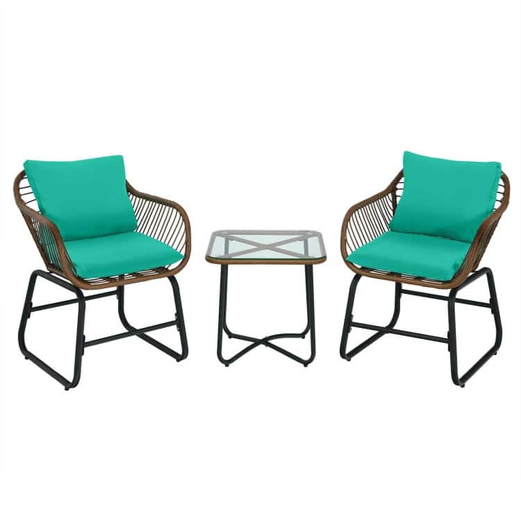 3 Pieces Patio Rattan Bistro Set Cushioned Chair Glass Table Deck - 22'' x 24.5'' x 31'' (L x W x H)