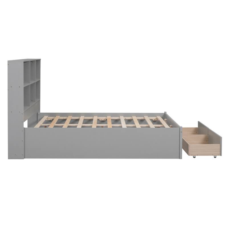 Full Size Platform Bed Frame with Storage Headboard, Charging Station and 2 Drawers, Multi-Functional Bedroom Furniture