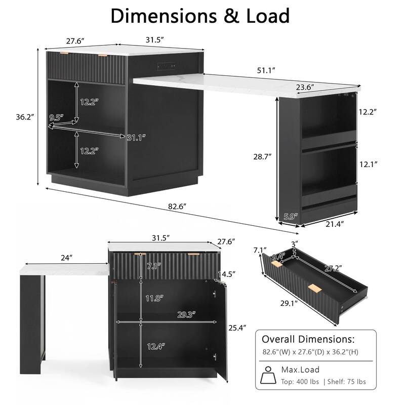 Roomfitters 82.6" Fluted Kitchen Island with 51" Extendable Dining Table for 4-6, Power Outlet