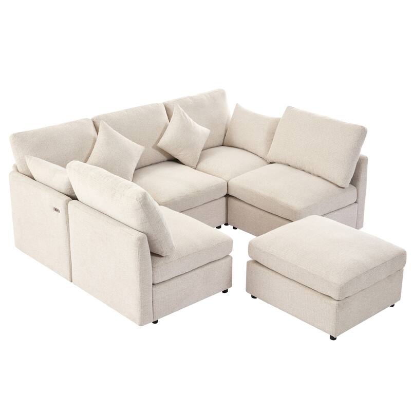 L-Shaped Modular Sectional Sofa Convertible U-Shaped Sofa Bed with Movable Ottoman and 2 USB Ports, 2 Pillows, Chenille 5 Seat