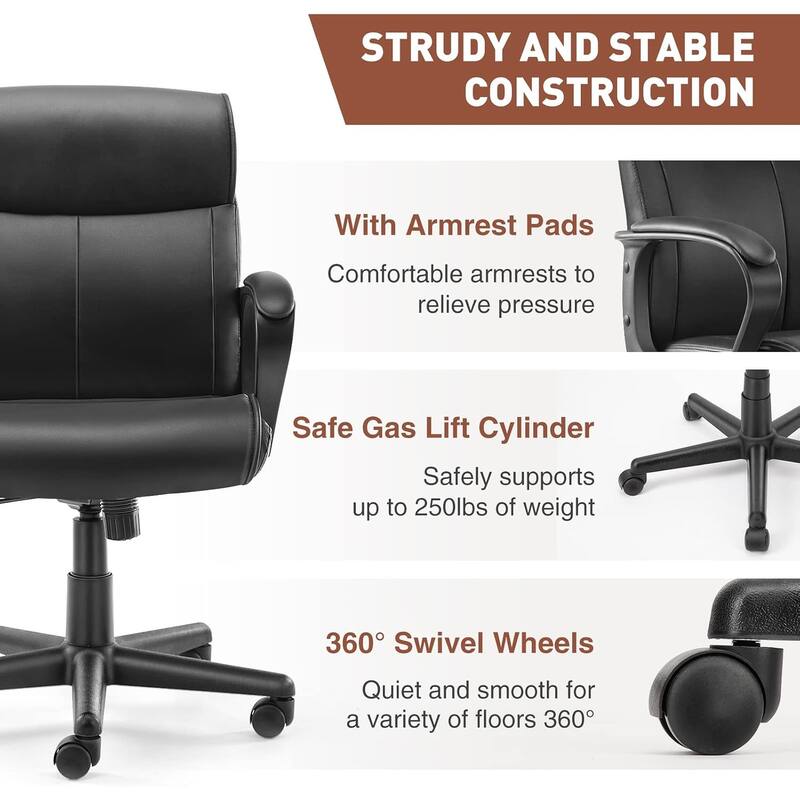 Executive Office Chair with Padded Armrests Mid Back Lumbar Support and Adjustable Height Tilt Angle, PU Leather Swivel Rolling