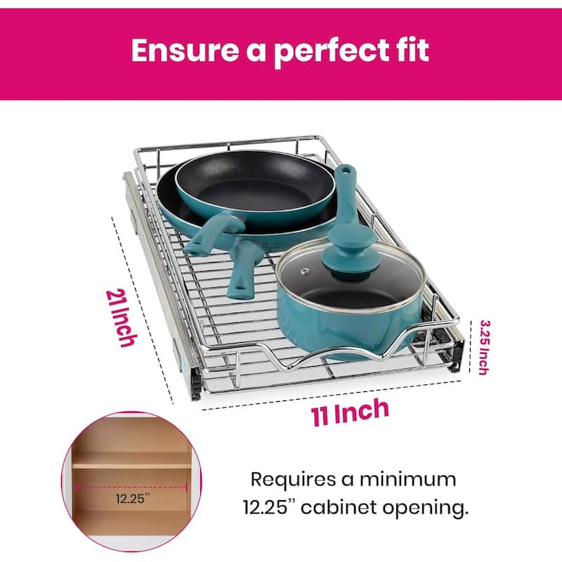 Pull Out Cabinet Drawer Organizer, Heavy Duty- Steel Metal- Chrome Finish