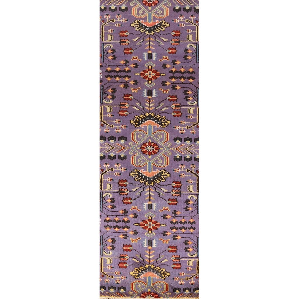 Hand Knotted Oriental 100% Wool Carpet Transitional All-Over Purples Oushak Runner Rug - 9' 10'' X 2' 7''