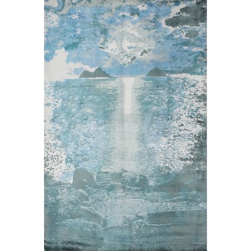 Hand Knotted Oriental Viscose Silk Carpet Modern Pictorial Navy Blue & Blues Abstract Area Rug - 7' 10'' X 5' 8''