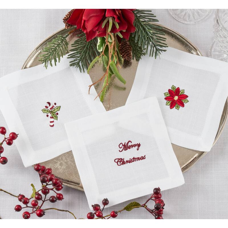 Embroidered Cocktail Napkins With Candy Cane Design (Set of 12) - 6"x6"