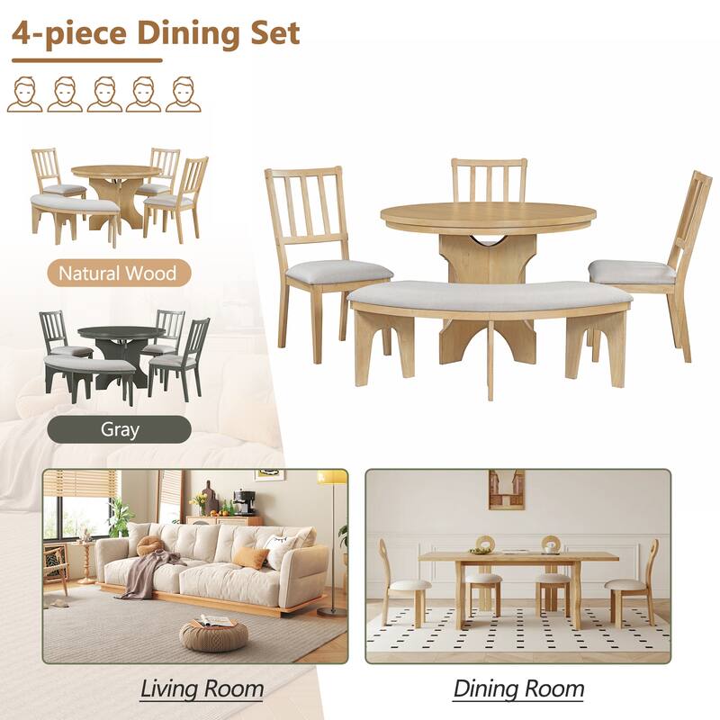 5-Piece Rustic Dining Set with Round Table, 3 Chairs & Bench
