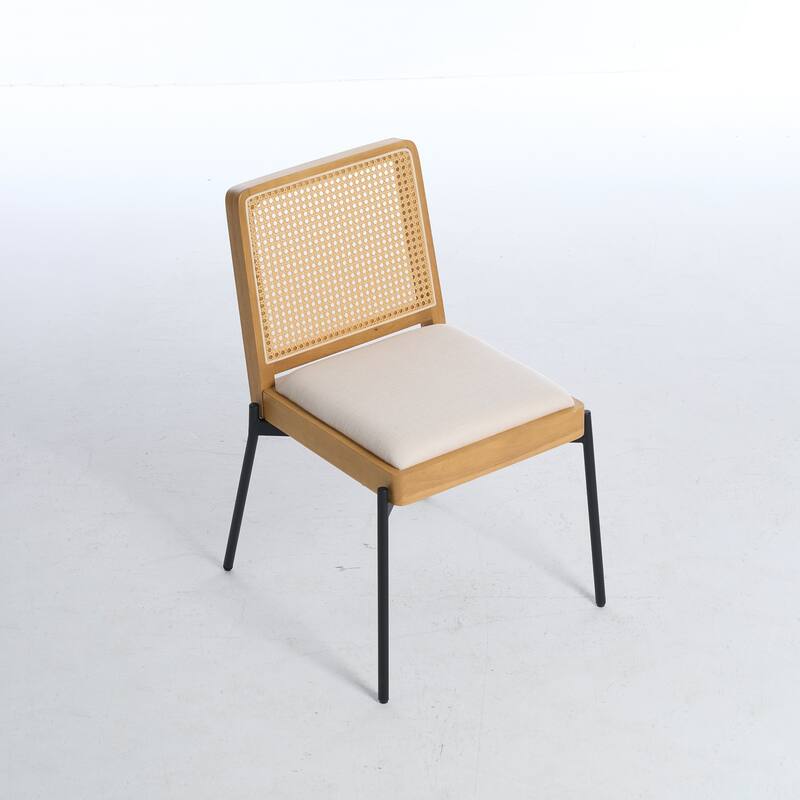 Mid-Century Linen Fabric Dining Chairs Set of 2 w/ Accent Rattan Backrest for Dining Room Living Room