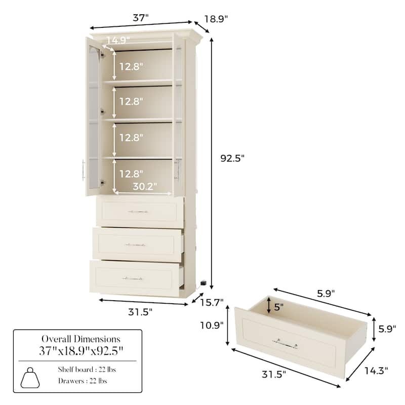 Modular Bookcase with LED Lights, Glass Door Storage Cabinet with Drawers, Large Display Shelving Unit Sideboard