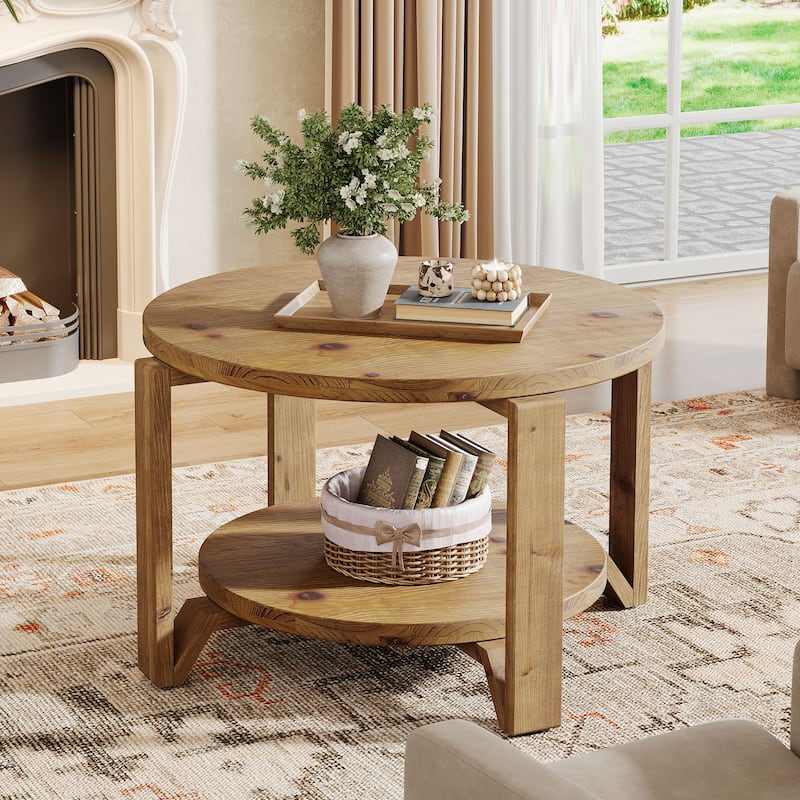Round Small Coffee Table with 2-Tier Storage for Living Room - /