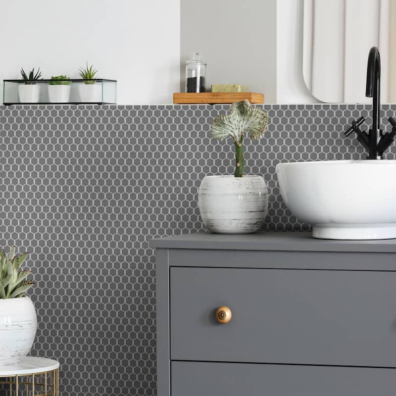Merola Tile Metro 1" Hex Glossy Grey 10-1/4" x 11-7/8" Porcelain Mosaic Floor and Wall Tile - Case (10 Tiles)