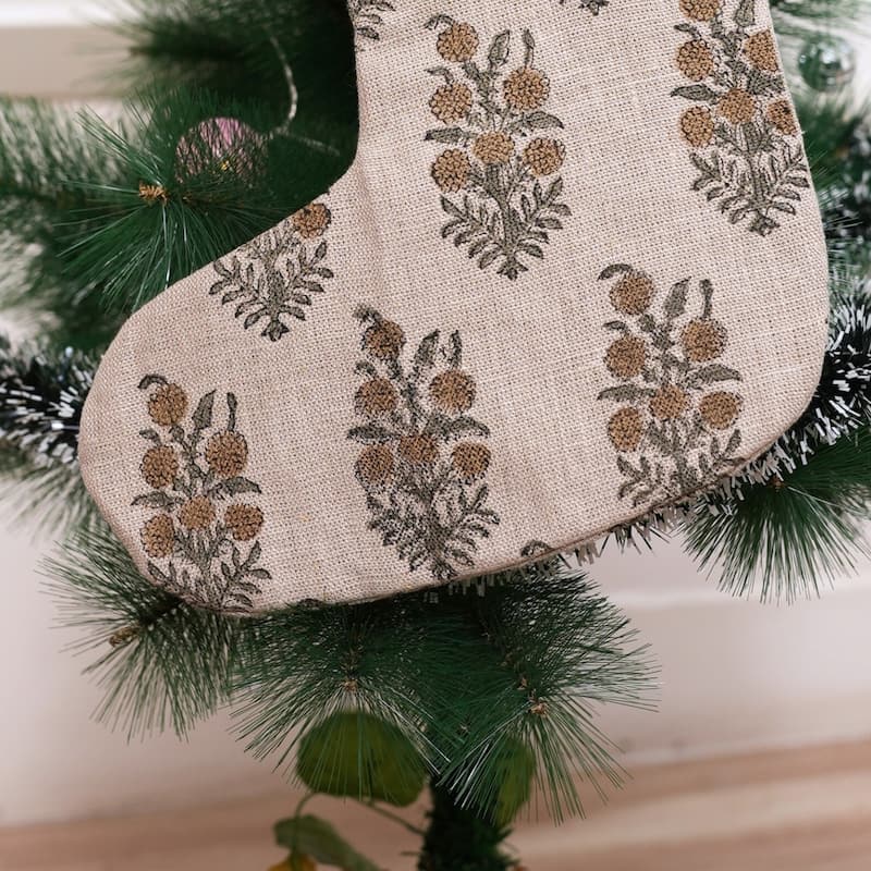 Fabdivine 16x6.5 Inches Hand Floral Block Print Christmas Stockings Tassle and Loop Perfect for Gift - 16"X6.5"