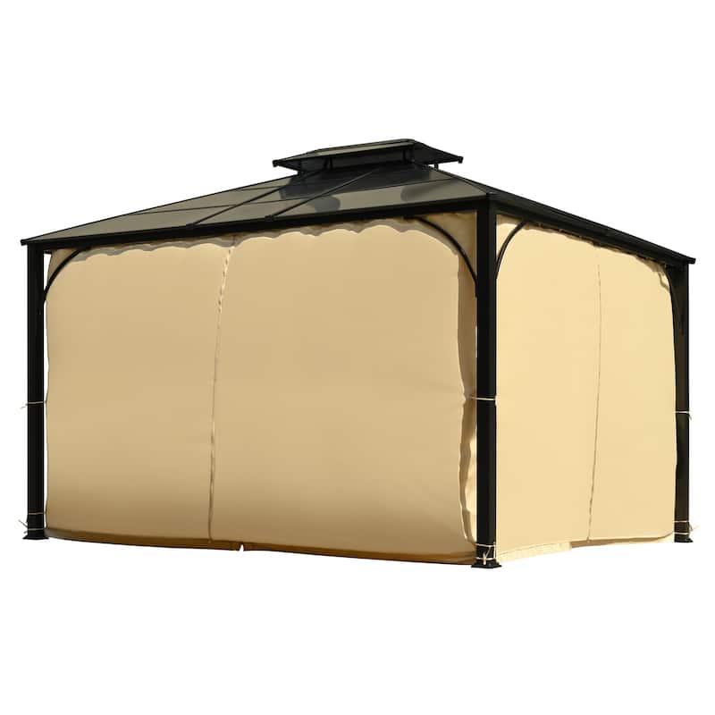 10'x12' Hardtop Double Roof Patio Gazebo with Double-Layer Side Walls, Mosquito Netting & Privacy Curtains
