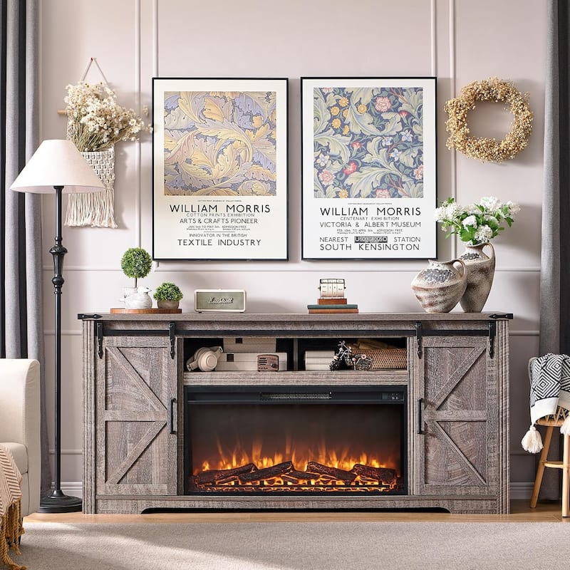 Farmhouse Fireplace TV Stand For 80 Inch TVs, Entertainment Center