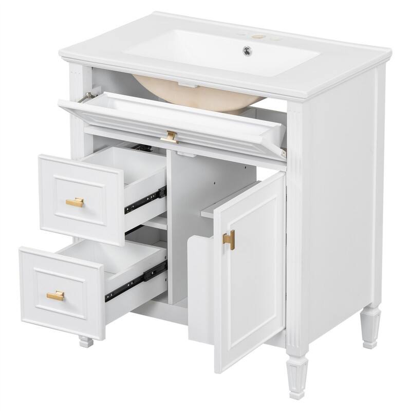 30" Bathroom Vanity with Ceramic Sink Combo, Bathroom Vanity Cabinet with 1 Flip Drawer, 2 Drawers & Adjustable Shelf