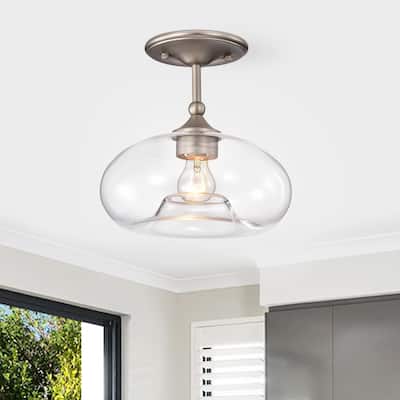 Amin Matte Satin Nickel 1-Light Metal & Glass Bowl Shade Semi-Flush Mount