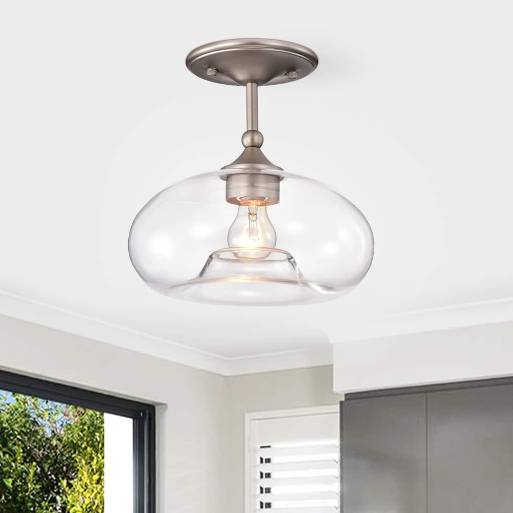 Amin Matte Satin Nickel 1-Light Metal & Glass Bowl Shade Semi-Flush Mount