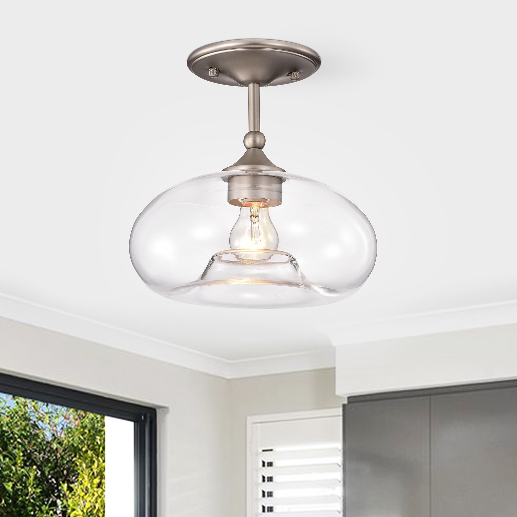 Amin Matte Satin Nickel 1-Light Metal & Glass Bowl Shade Semi-Flush Mount