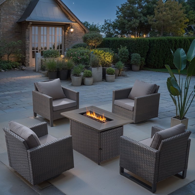 Outdoor Fire Pit Table with Patio Funiture - Brwon Wicker Grey Cushion - 5PCS Chair w/ Fire Table