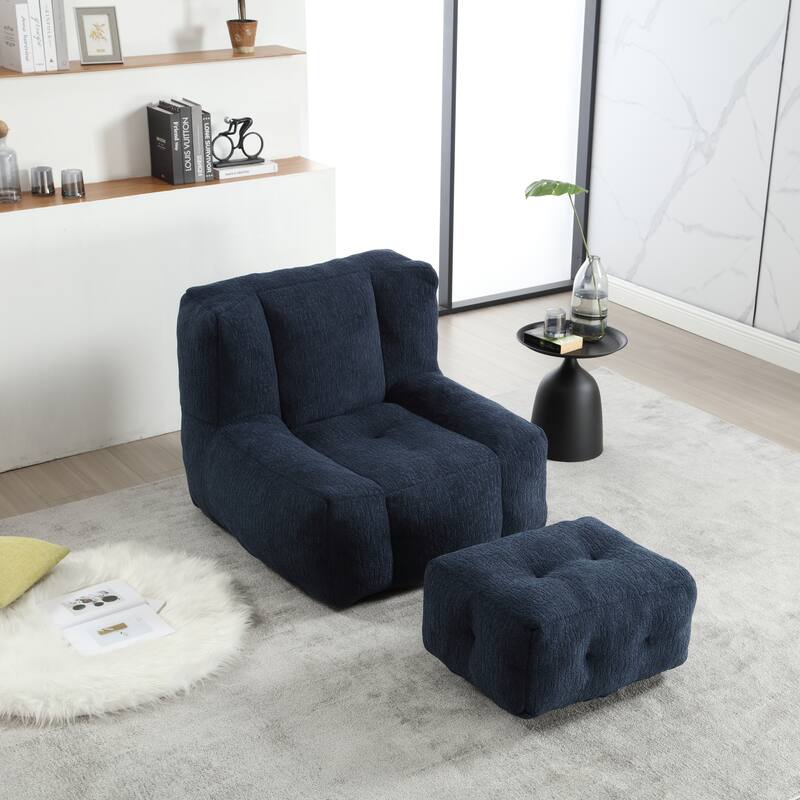 Fluffy Bean Bag Chair with Memory Foam and Ottoman, Super Soft Velvet Bean Bag for Adults & Kids, Comfortable Lazy Sofa