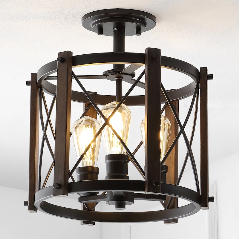 Ciel 14" 3-Light Iron Rustic Farmhouse LED Flush Mount, Brown/Oil Rubbed Bronze by JONATHAN Y