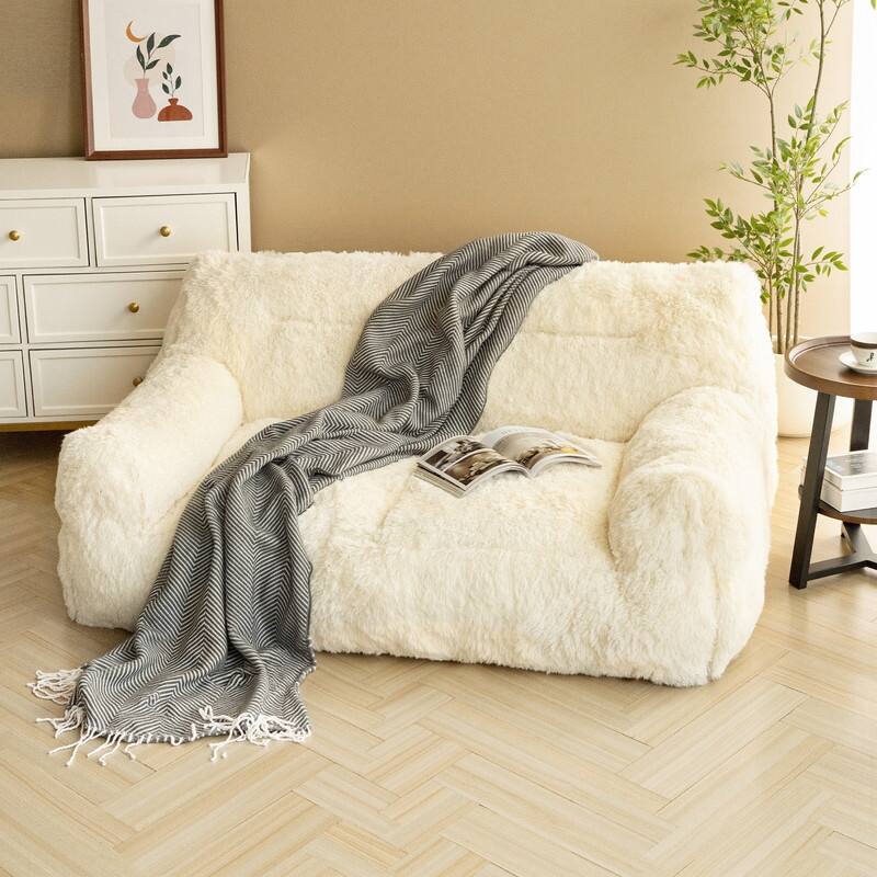 Plush Fluffy Faux Fur Foam Filled Bean Bag Chair, Cozy Soft Loveseat Floor Sofa - Beige